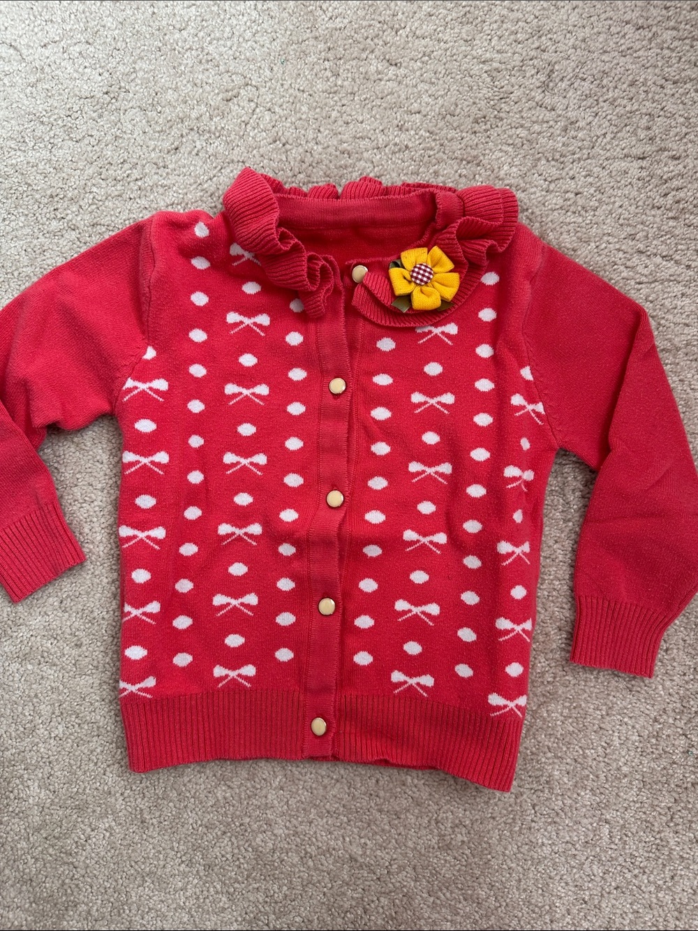 Ruffle Collar Cardigan with Flower Accent